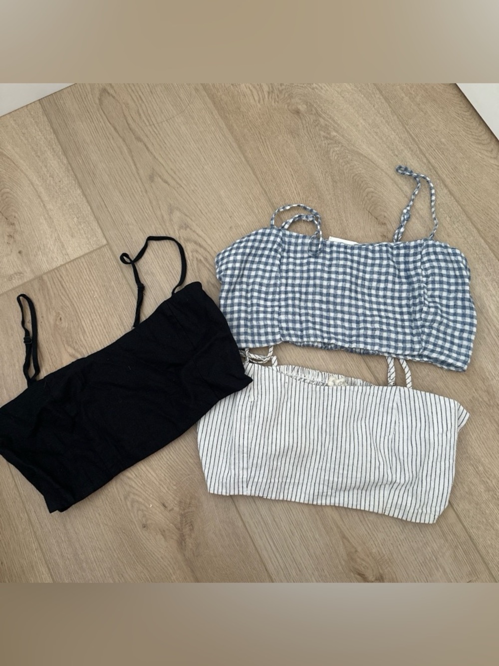 Brandy Melville Black, Blue Gingham & White Stripe Cropped Bandeau tops Trio